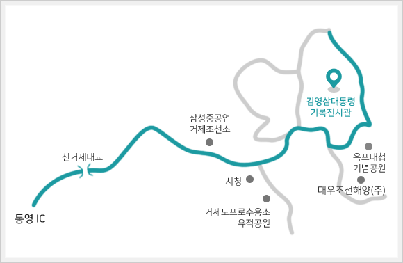 통영방향에서 오시는 길:통영 IC를 지나 신거제대교를 통과한 뒤 고현대로를 타고 송정(거가대교접속도로)를 지나 덕포 IC, 대계 소계 IC에서 내려오면 김영삼대통령 기록전시관이 있습니다.